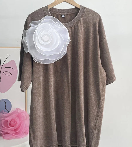Women Black Three-dimensional Flower Big Size T-shirt New Round Neck Half Sleeve Fashion Tide Spring Summer 2025 1DH7064