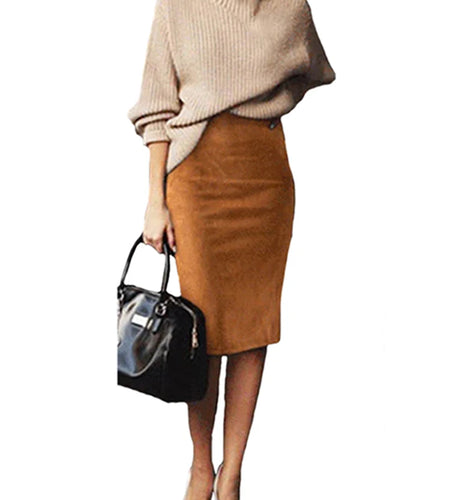 Sexy Multi Color Suede Midi Pencil Skirt Women 2024 Fashion Elastic High Waist Office Lady Bodycon Skirts Saias