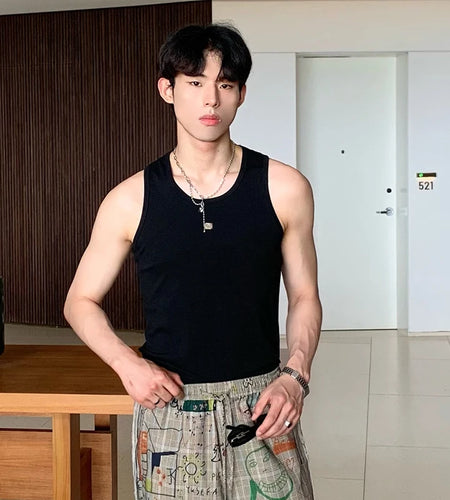 Minimalist Men's Tank Tops Slim Metal Design Causal Round Collar Sleeveless Male Tops Solid Color Trend Summer 9C6773