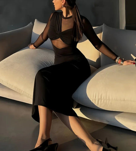 Elegant Mesh Patchwork Bodycon Party Club Evening Dress For Women 2025 Spring New Long Sleeve Slimming Sheer Vestido