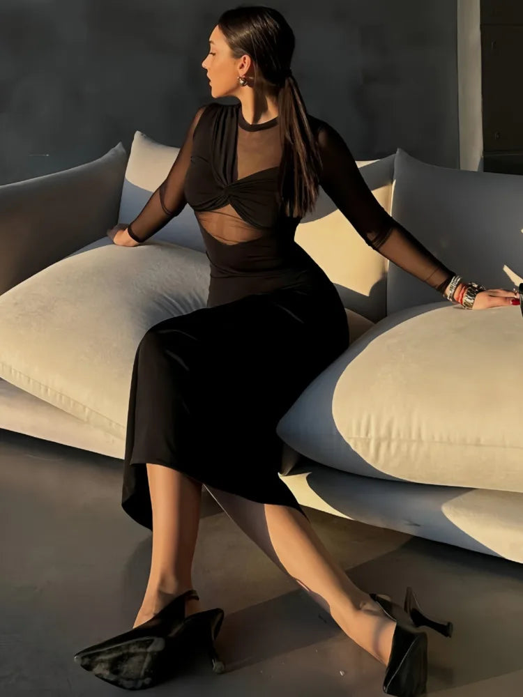 Elegant Mesh Patchwork Bodycon Party Club Evening Dress For Women 2025 Spring New Long Sleeve Slimming Sheer Vestido