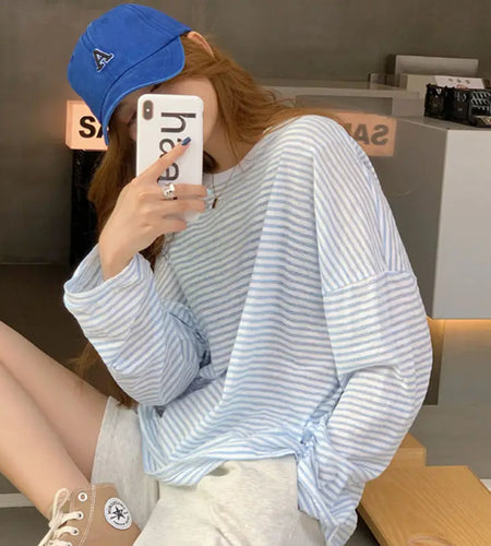 Y2k Striped T-shirts Women Clothing Long Sleeve O-neck Summer Thin Tees Oversized Tops Fashion Thin Camisetas 2024 Ropa Mujer