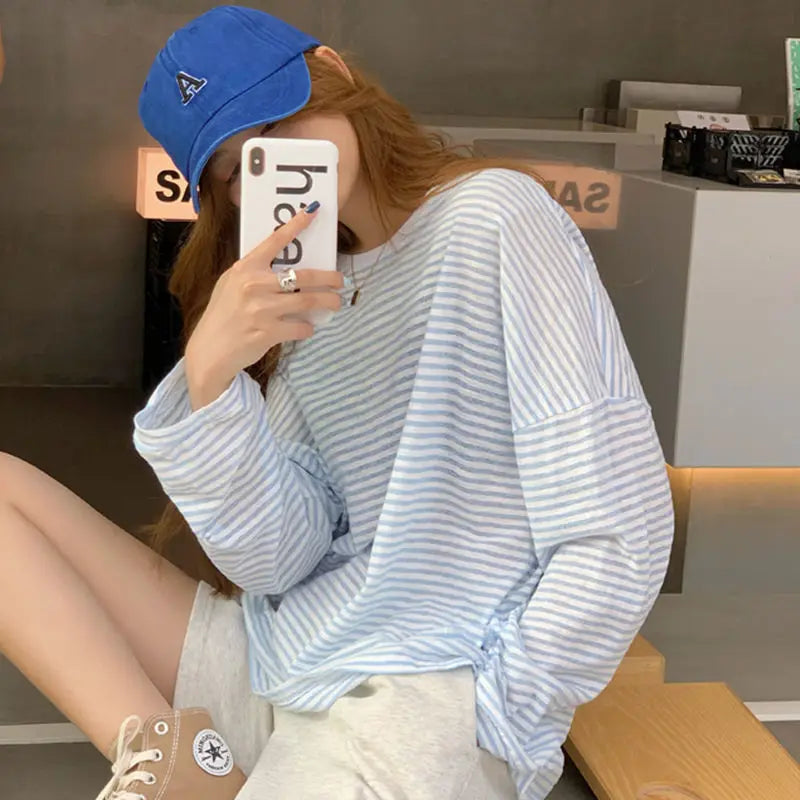 Y2k Striped T-shirts Women Clothing Long Sleeve O-neck Summer Thin Tees Oversized Tops Fashion Thin Camisetas 2024 Ropa Mujer