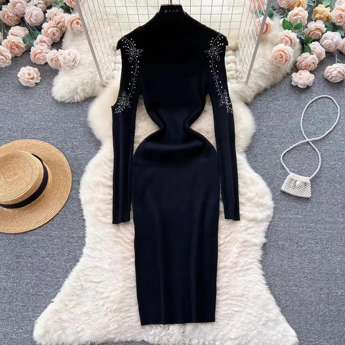 Autumn Elegant Half High Neck Long Sleeves Hollow Out Diamonds Hip Wrap Dress 2023 Fashion Slim Knitted Midi Dress French Simple