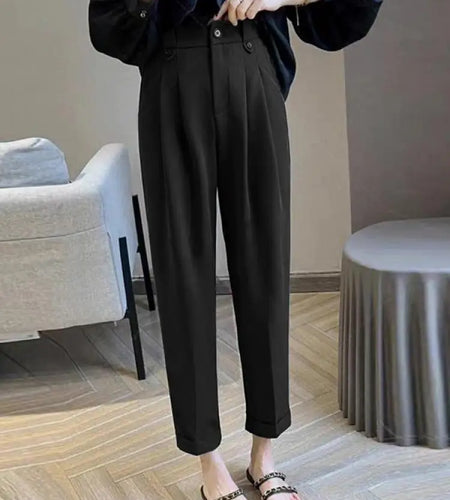 French Spring Summer Women Temperament Office Black Beige Brown High Waist Pleated Straight Ankle-length Harlan Pants Oversized