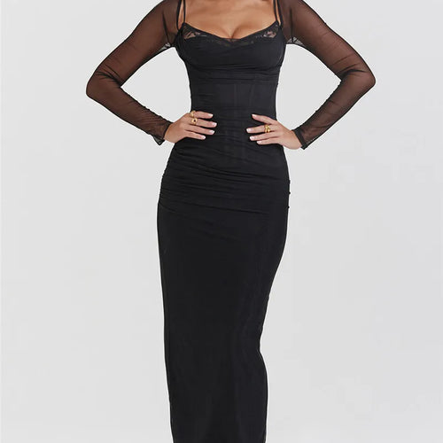 Load image into Gallery viewer, Elegant Sheer Long Sleeve Bodycon Maxi Dress For Women Fashion Mesh Black Strapless Backless Club Party Sexy Dress
