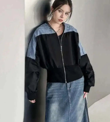 Black Denim Color-block Big Size Casual Jacket New V-neck Long Sleeve Women Coat Fashion Tide Spring Autumn 2025 1DH1842