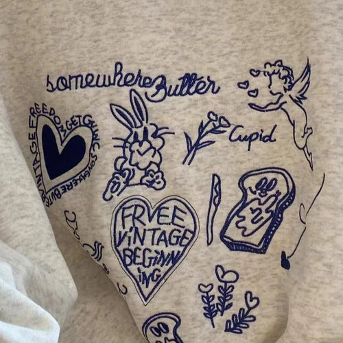 Load image into Gallery viewer, Korean Fashion Women's Gray Embroidered Round Neck Short Sweatshirts Autumn Long Sleeves Vacation Pullovers Tops Casual Popular
