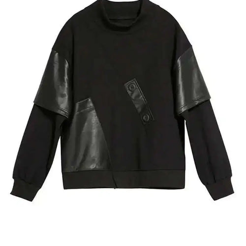 Load image into Gallery viewer, Women Black Pu Leather Irregular Big Size Casual T-shirt New Round Neck Long Sleeve Fashion Spring Autumn 2025 1DF4655
