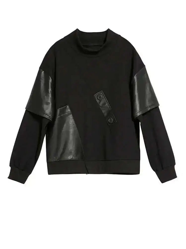 Women Black Pu Leather Irregular Big Size Casual T-shirt New Round Neck Long Sleeve Fashion Spring Autumn 2025 1DF4655