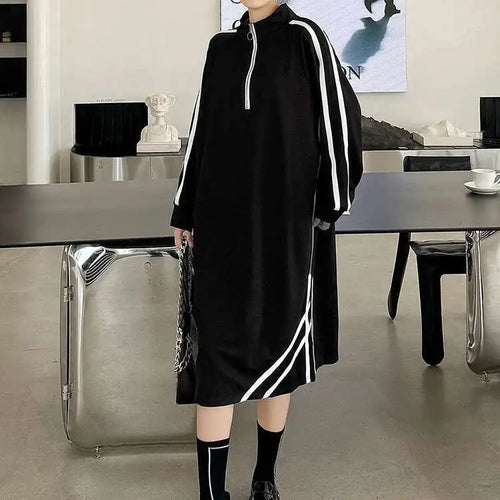 Load image into Gallery viewer, Women Black Striped Spliced Zipper Big Size Midi Dress New Turtleneck Long Sleeve Fashion Tide Spring Autumn 2025 1DH6819
