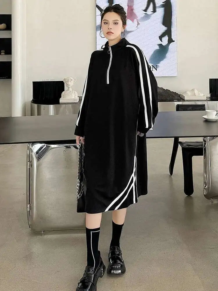 Women Black Striped Spliced Zipper Big Size Midi Dress New Turtleneck Long Sleeve Fashion Tide Spring Autumn 2025 1DH6819