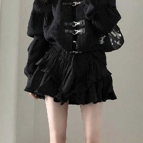 Load image into Gallery viewer, Bleted Button Black Knitted Cardigan Women Cool Punk Loose Sweater Jacket Y2k Aesthetic Tops Casual All Match Harajuku
