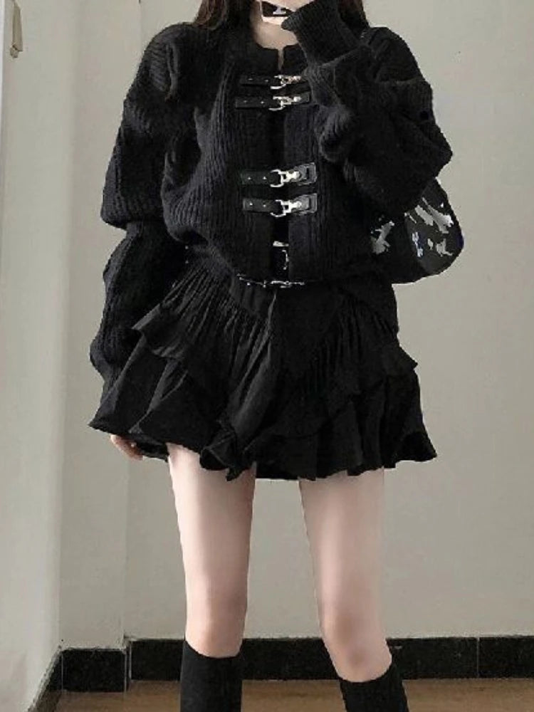Bleted Button Black Knitted Cardigan Women Cool Punk Loose Sweater Jacket Y2k Aesthetic Tops Casual All Match Harajuku