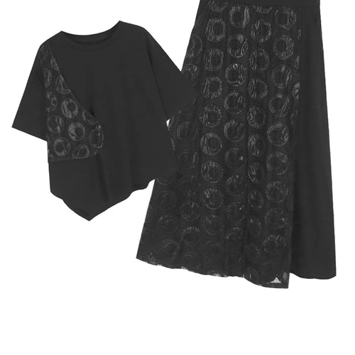 Load image into Gallery viewer, Black Dot T-shirt Hollow Out Skirt Two Pieces Suit New Round Neck Short Sleeve Women Fashion Spring Summer 2025 1DJ1100
