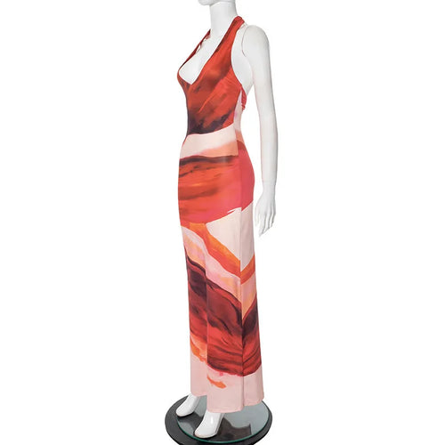 Load image into Gallery viewer, Halter Deep V Neck Print Sexy Maxi Dress For Women Fashion Lace-up Sleeveless Backless Bodycon Printed Long Dress
