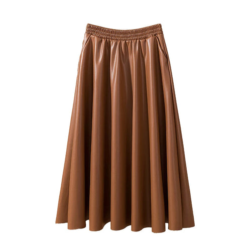 Load image into Gallery viewer, Women Brown Faux Leather Long Skirt 2023 Autumn Winter Black Vintage A Line Elastic High Waist Pu Skirts Female Oversized French
