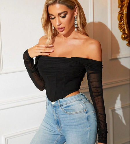 Summer Corset Top Women Y2k Tops Blue Boycon Crop Top Off The Shoulder Sexy Mesh Top Outfits Girl Party Clubwear