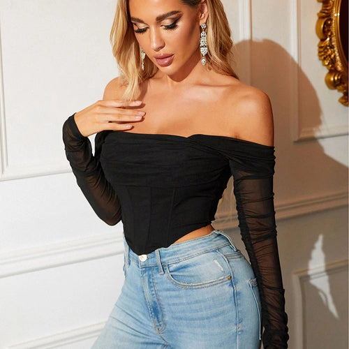 Load image into Gallery viewer, Summer Corset Top Women Y2k Tops Blue Boycon Crop Top Off The Shoulder Sexy Mesh Top Outfits Girl Party Clubwear
