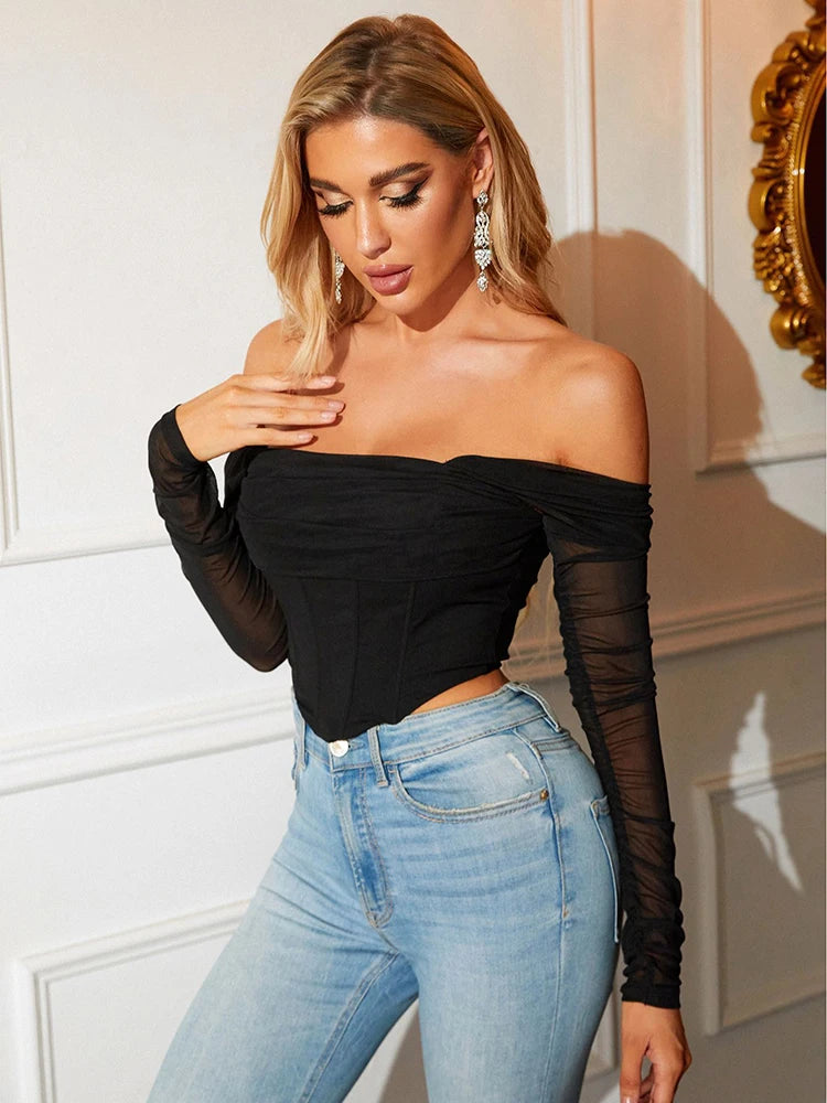 Summer Corset Top Women Y2k Tops Blue Boycon Crop Top Off The Shoulder Sexy Mesh Top Outfits Girl Party Clubwear