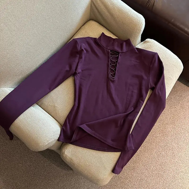 Autumn Winter Elegant Half High Collar Hollow Out Short T Shirt Women New Long Sleeved Slim Tops 2024 Korean Simplicity Clothing
