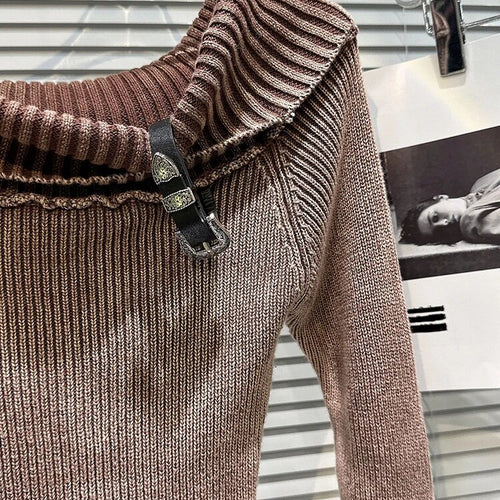 Load image into Gallery viewer, Solid Knitting Sweaters For Women Slash Neck Long Sleeve Patchwork Belt Slimming Chic Sweater Female Fashion Style
