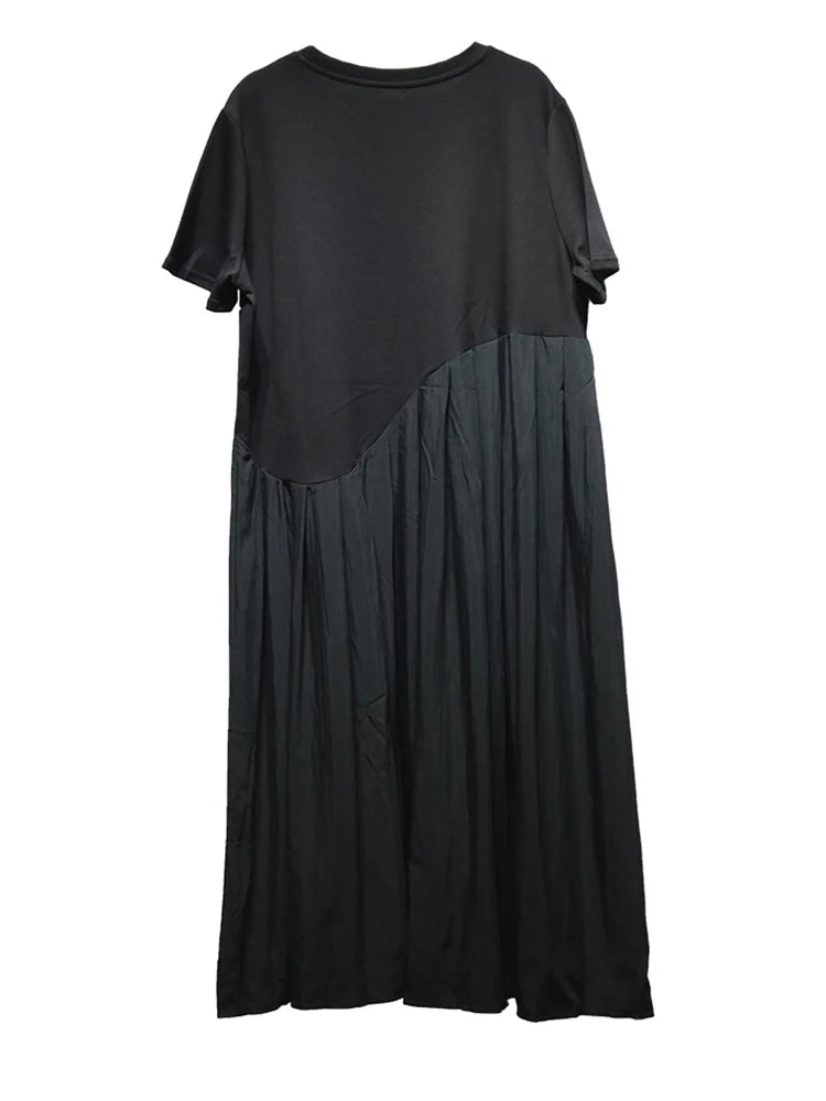 Women Black Irregular Pleated Big Size Midi Dress New Round Neck Short Sleeve Fashion Tide Spring Summer 2025 1DJ0851