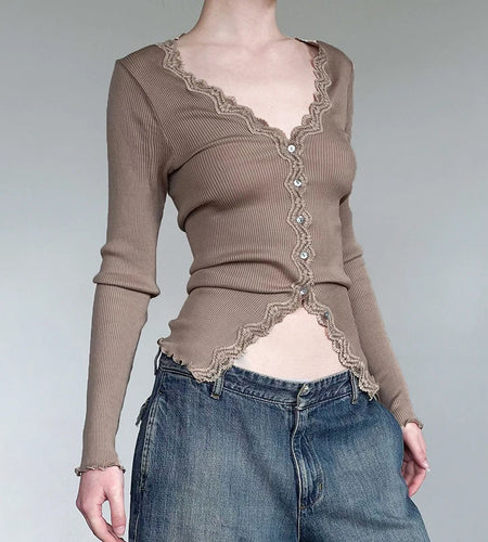 Elegant Y2K V Neck Knitted Female T-shirt Lace Trim Long Sleeve Tees Slim Korean Fashion Buttons Autumn Top Clothing