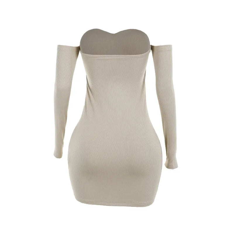 Off-shoulder Long Sleeve Sexy Mini Dress For Women Robe Fashion Ribbed Strapless Bodycon Fall High Waist Dress Elegant
