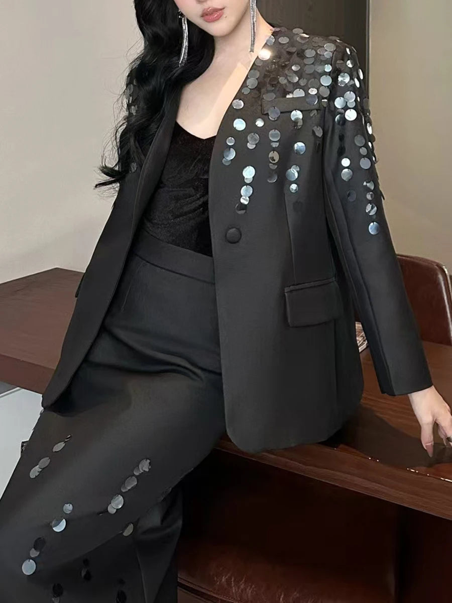 Solid Spliced Sequines Two Piece Set For Women Lapel Long Sleeve Coat High Waist Temperament Skirt Sets Female New