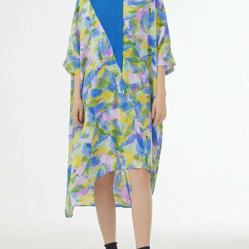 Load image into Gallery viewer, Women Blue Printed Big Size Midi Floral Dress New Stand Collar Short Sleeve Loose Fit Fashion Spring Summer 2025 1DF9379
