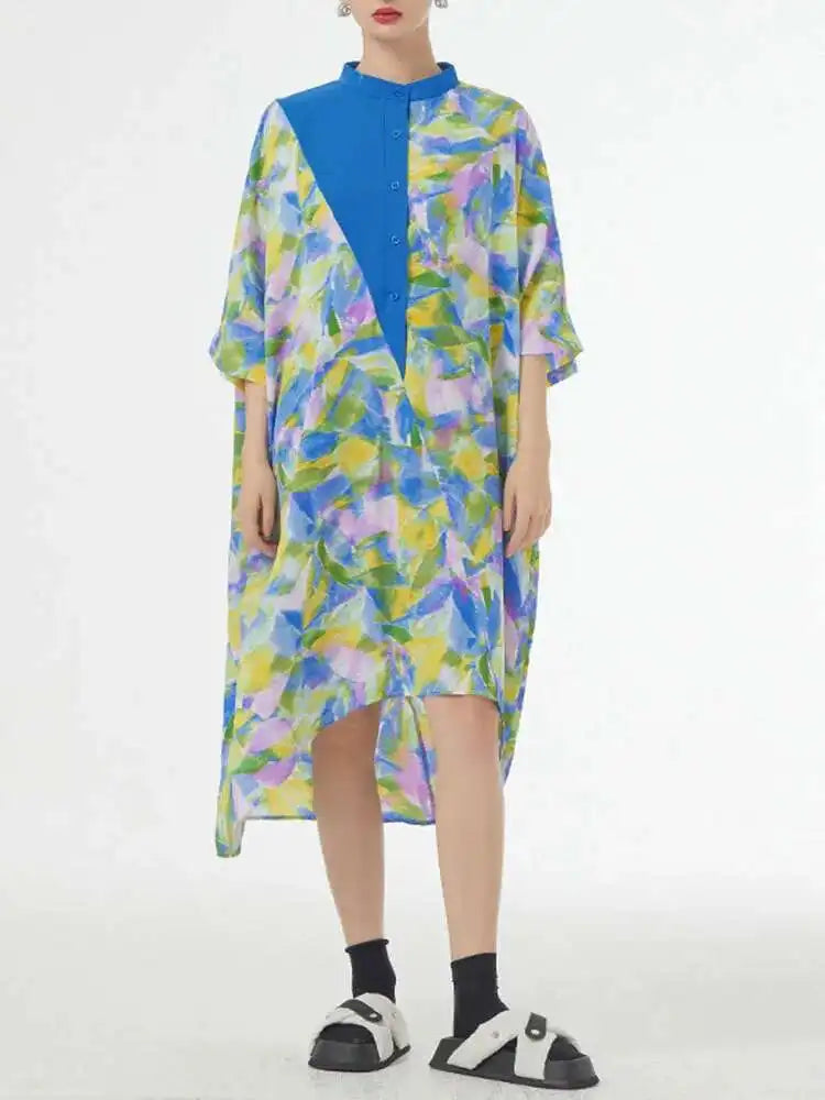 Women Blue Printed Big Size Midi Floral Dress New Stand Collar Short Sleeve Loose Fit Fashion Spring Summer 2025 1DF9379