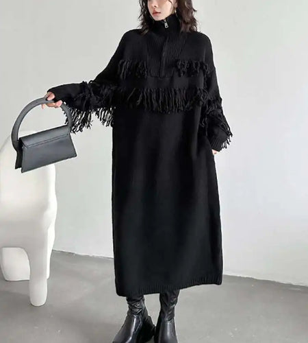 Women Black Tassels Knitting Big Size Midi Dress New Turtleneck Long Sleeve Loose Fit Fashion Spring Autumn 2025 1DH1601