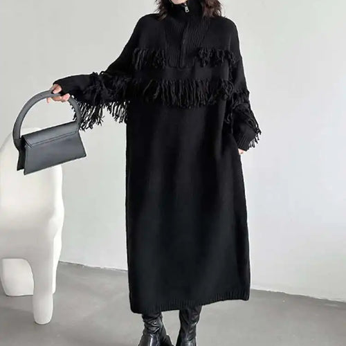 Load image into Gallery viewer, Women Black Tassels Knitting Big Size Midi Dress New Turtleneck Long Sleeve Loose Fit Fashion Spring Autumn 2025 1DH1601
