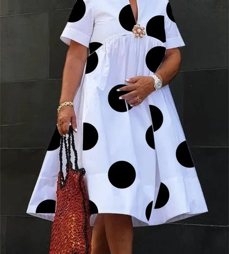 Women Midi Shirts Dress 2025 Summer Short Sleeves Black and White Polka Dot Daily Casual Simple Female A-line Dresses