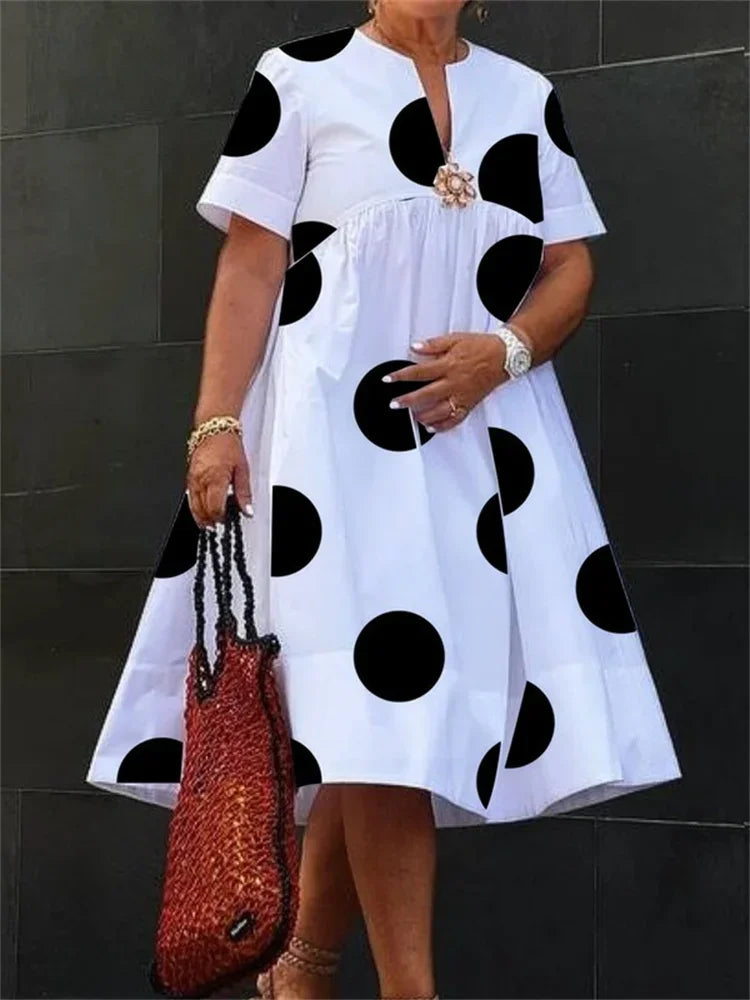 Women Midi Shirts Dress 2025 Summer Short Sleeves Black and White Polka Dot Daily Casual Simple Female A-line Dresses