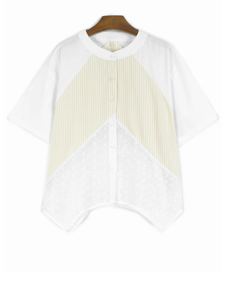 Women Black Striped Lace Hem Big Size Blouse New Stand Collar Half Sleeve Shirt Fashion Tide Spring Summer 2025 1DJ1109