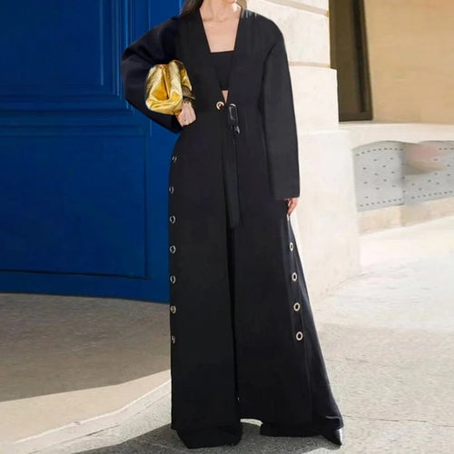 Load image into Gallery viewer, Womens Black Long Jackets 2025 Summer Spring Hollow Split-Joint Streamer Womens X-long Traf Trench Coat Female
