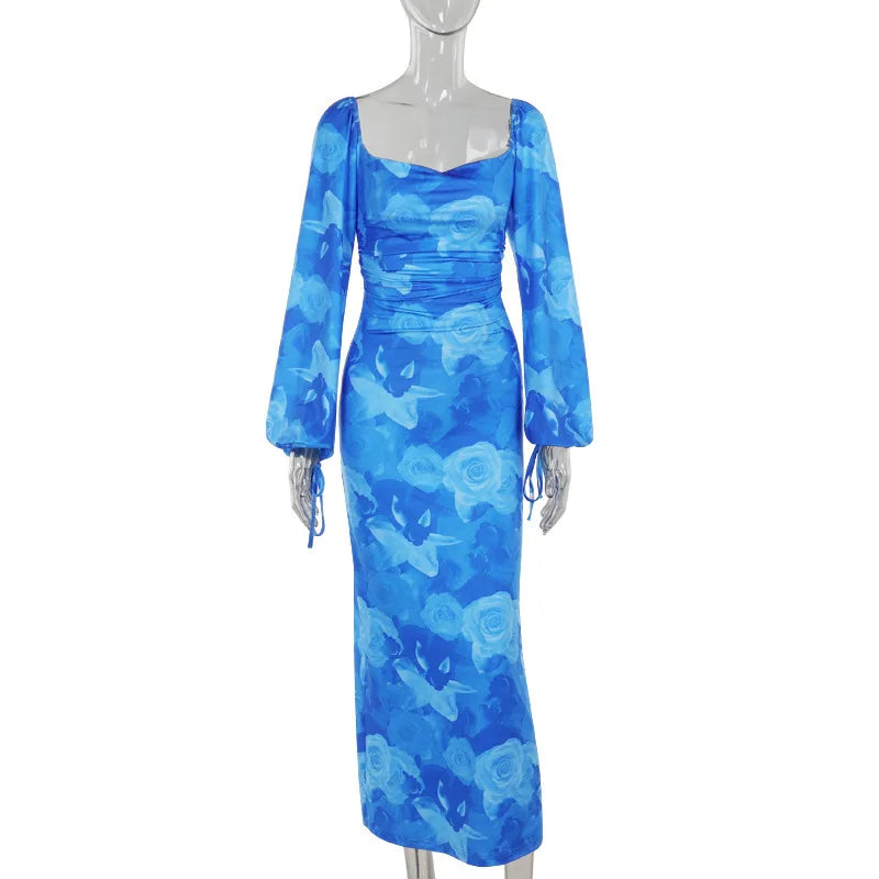 Blue Floral Print Sexy Maxi Dress For Women Gown Autumn New Square Collar Long Sleeve Lace-up Sexy Long Dress Elegant