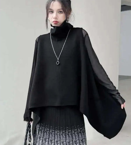 Black Irregular Big Size Knitting Sweater Turtleneck Sleeveless Women Pullovers New Fashion Spring Autumn 2025 1DH6998