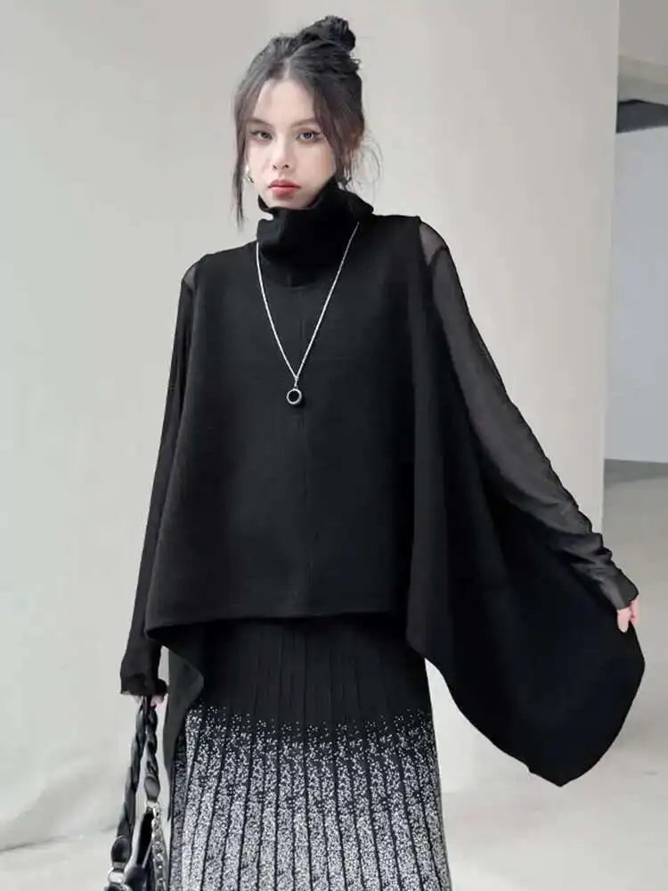 Black Irregular Big Size Knitting Sweater Turtleneck Sleeveless Women Pullovers New Fashion Spring Autumn 2025 1DH6998