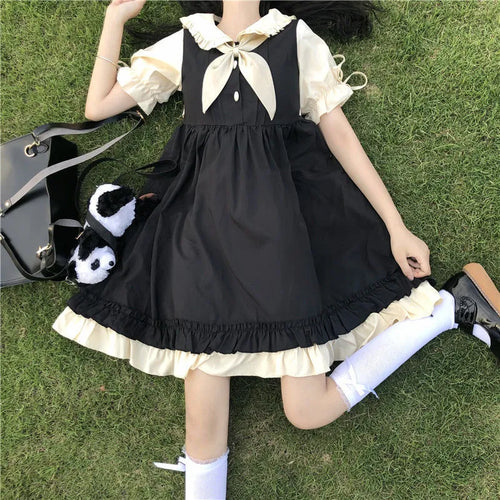 Load image into Gallery viewer, Kawaii Cute Lolita Dress Soft Girls Japanese Sweet Peter Pan Collar Ruffle Party Dresses Preppy Style Student Clothes
