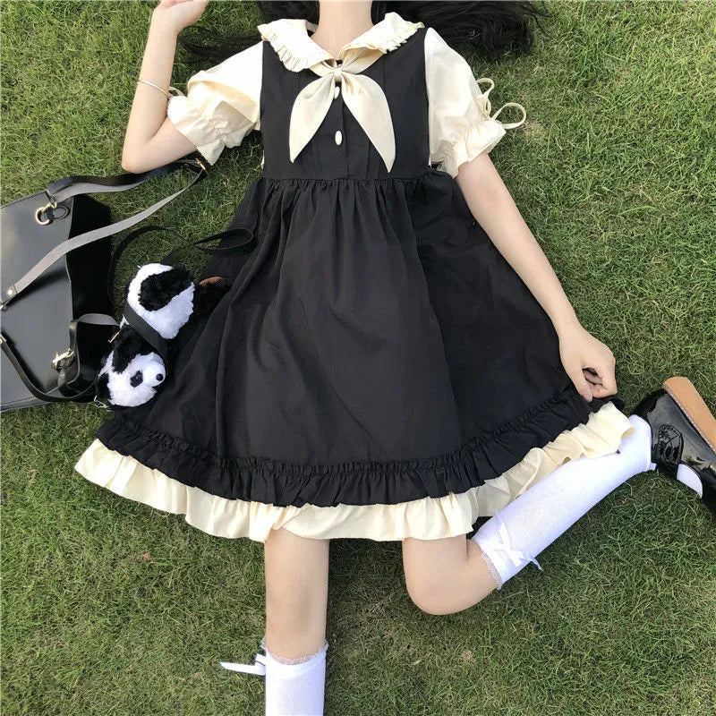 Kawaii Cute Lolita Dress Soft Girls Japanese Sweet Peter Pan Collar Ruffle Party Dresses Preppy Style Student Clothes