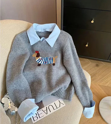 Korean Gray Elegant Embroidery Pullover Sweater 2024 Autumn Winter Women Holiday Long Sleeve Knitwear Casual Tops Fashion Trend