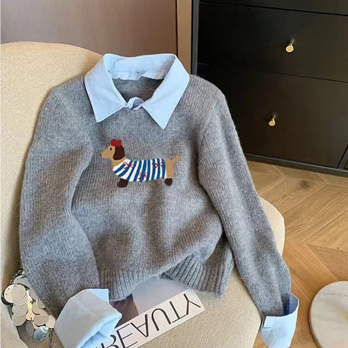 Load image into Gallery viewer, Korean Gray Elegant Embroidery Pullover Sweater 2024 Autumn Winter Women Holiday Long Sleeve Knitwear Casual Tops Fashion Trend
