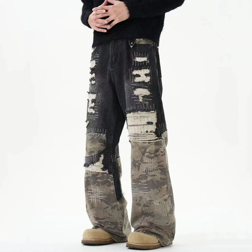 Load image into Gallery viewer, Patchwork Streetwear Men&#39;s Denim Pants Niche Design Camouflage Worn-out Straight Wide Leg Male Jeans Autumn Tide 9C8818
