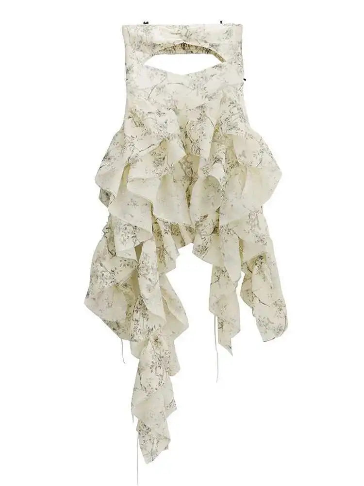 Women Printed Hollow Out Ruffles Mini Irregular Strapless Dress New Sleeveless Fashion Tide Spring Summer 2025 1DH6272