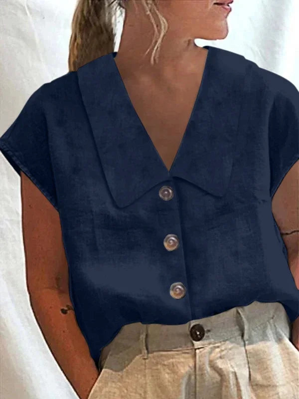 Women Summer Casual T Shirts for Women 2025 Linen Cotton Buttoned Lapel Cap Short Sleeves Womens Basic Tee Shirts