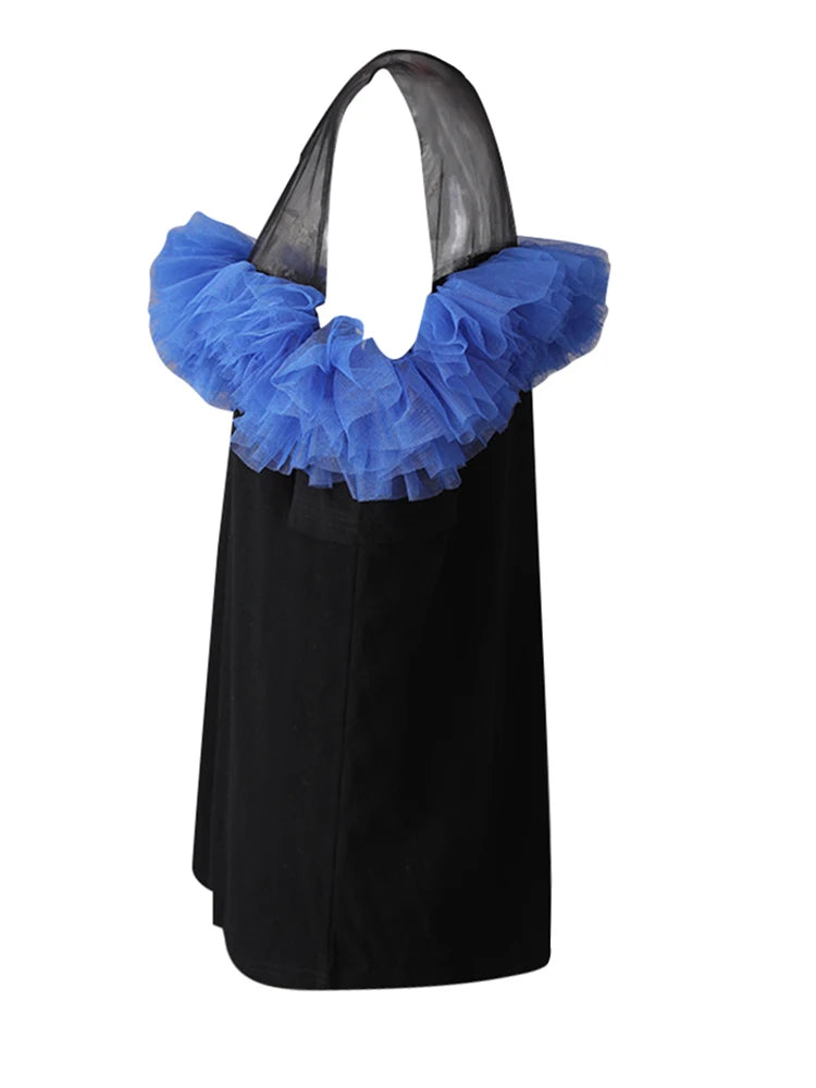 Women Black Mesh Perspective Ruffles Big Size Long T-shirt New Round Neck Short Sleeve Fashion Spring Summer 2025 CPG3036