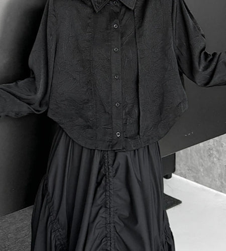 Women Black Textured Big Size Elegant Short Blouse New Lapel Long Sleeve Shirt Fashion Tide Spring Autumn 2025 1DJ1095
